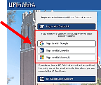 Prompt for existing users to login to UF e-Learning, showing three vertical buttons: top button says sign in with Google, middle button says sign in with LinkedIn, and bottom button says sign in with Microsoft.