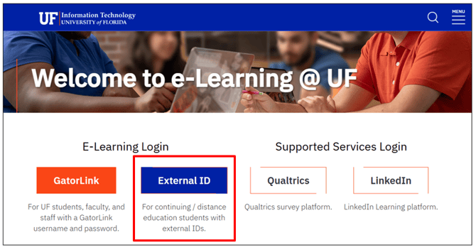 Image of the University of Florida e-Learning login page, with a blue button labeled "External ID" highlighted in orange. The text underneath the button indicates it is for continuing or distance education students with external IDs.